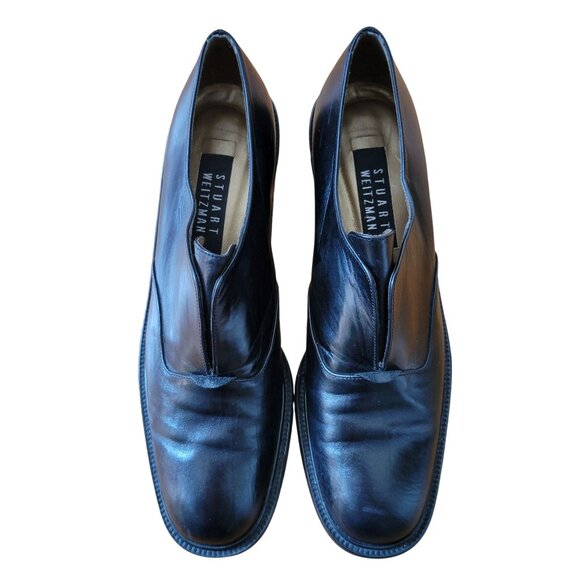 Stuart Weitzman Black Leather Slip On Shoes 7W‎ Spain Chunky Heels 90s Y2K - Picture 2 of 9